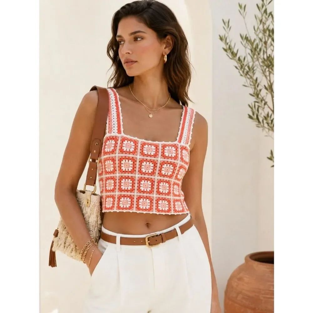 Maje Matucada Crochet Granny Square Crop Top Orange White Size 3 Large Beach